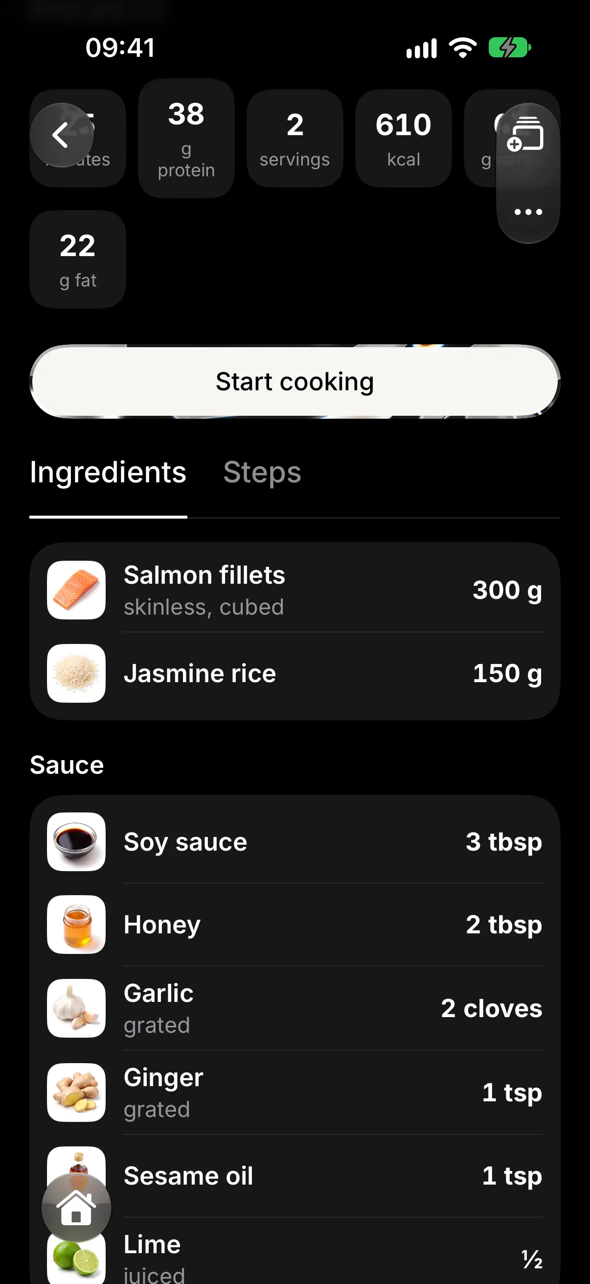 A Smoosh ingredient list with amounts for salmon, rice, soy sauce, honey and garlic