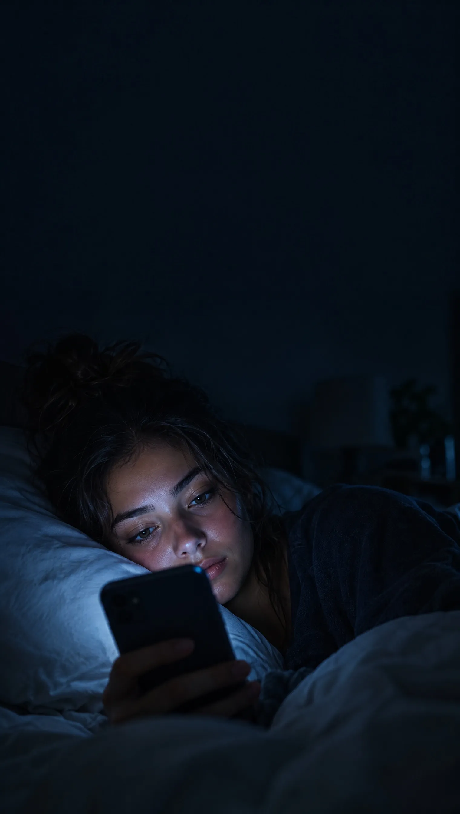 A woman in bed at night, scrolling on her phone