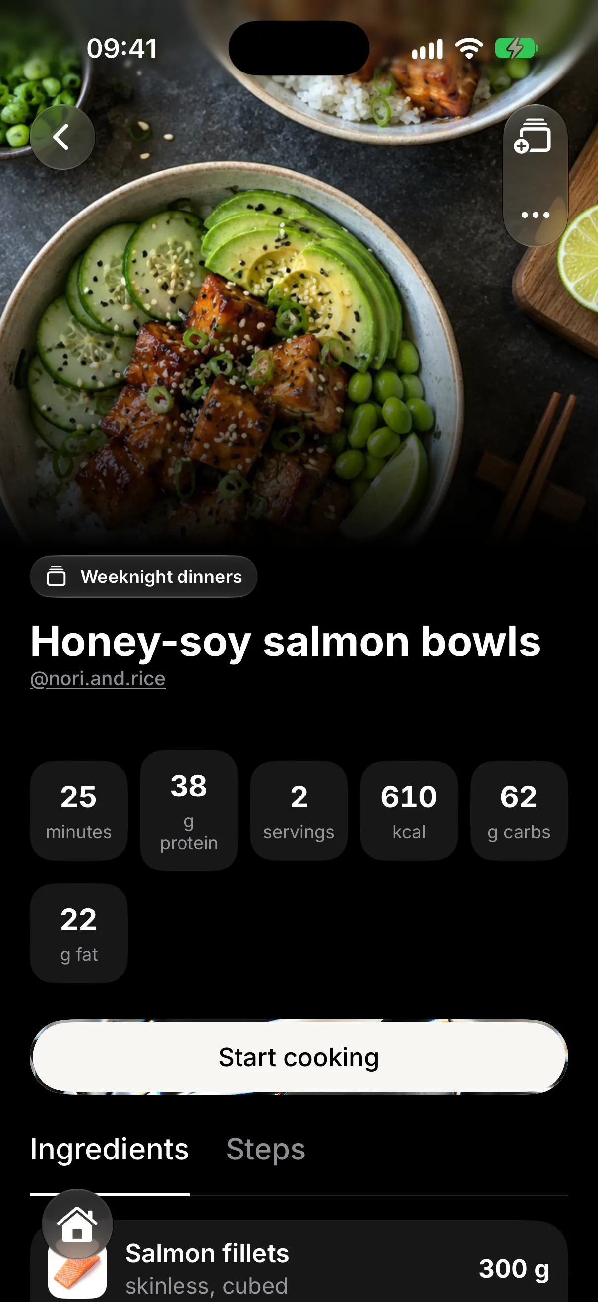 A Smoosh recipe card for honey-soy salmon bowls with time, protein and servings