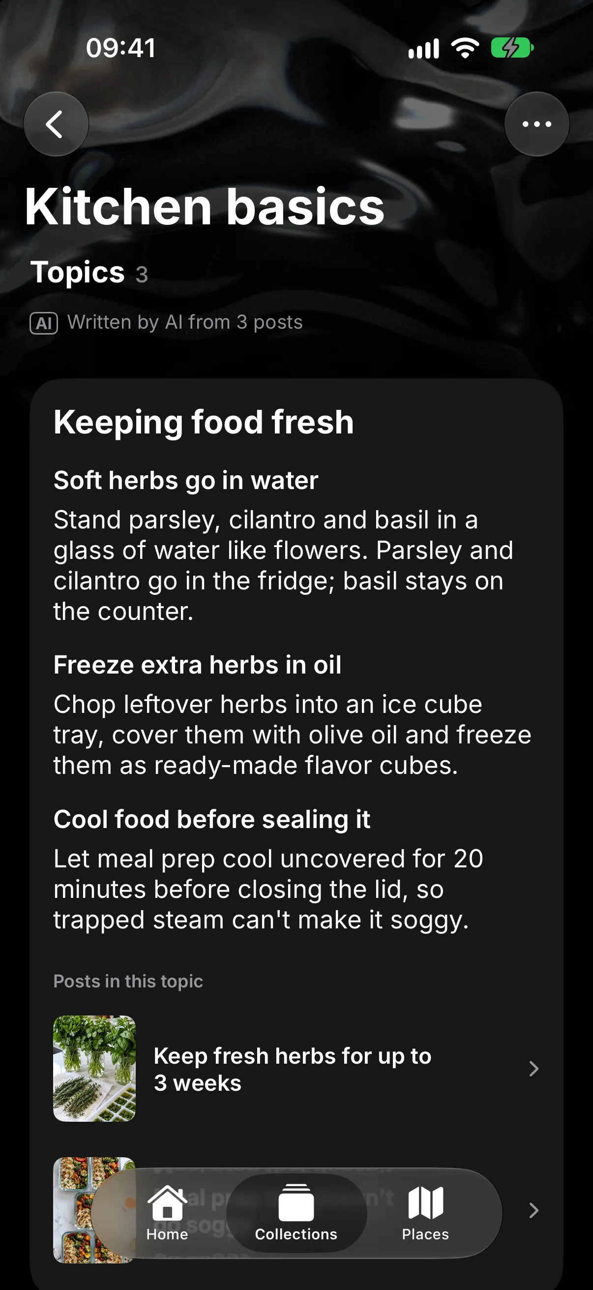 A Smoosh collection called Kitchen basics with a topic note about keeping food fresh