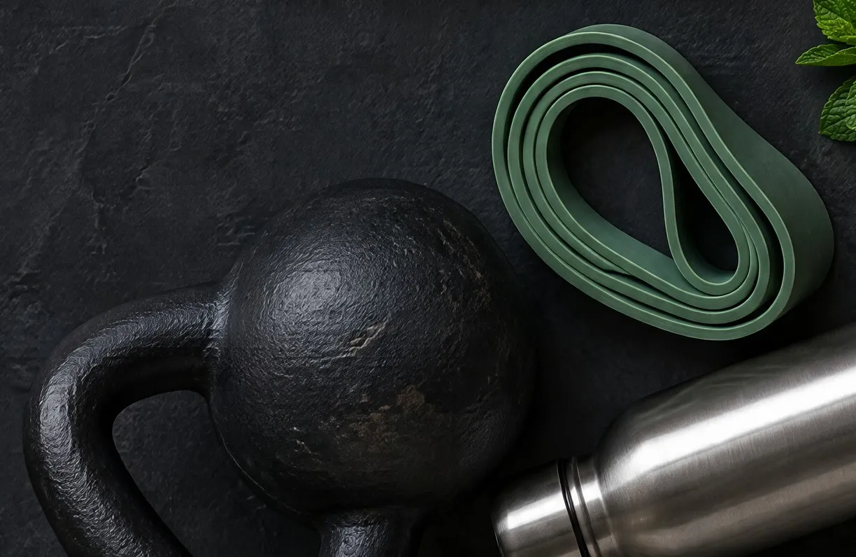A kettlebell and a resistance band on a dark table